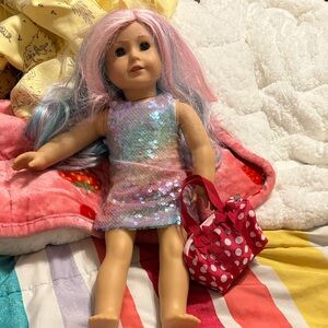 American Girl Doll in Sequin Dress with Pink Polka Dot Bag